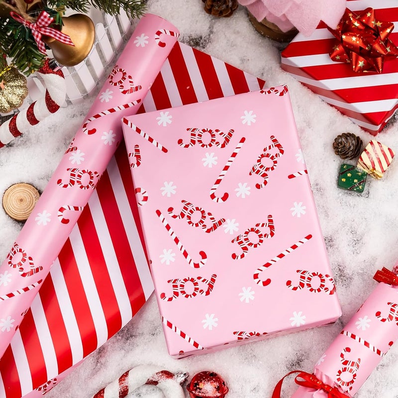 MAYPLUSS Christmas Gift Wrapping Paper Roll - 17 Inch X 33 Feet - Reversible Pink Candy Cane and Stripe Design for Winter Gift Wrap, DIY Craft, Christmas, Party, Holiday and Birthday - Image 3